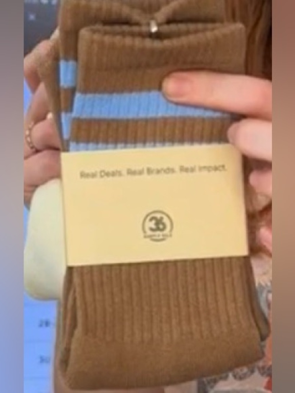 Women's Brown Pilates Ribbed Socks with Light Blue Stripe